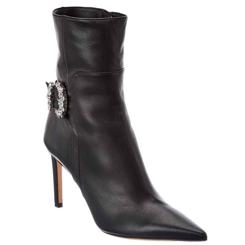 New Jimmy Choo Cheri AB 85 Black Nappa Leather Crystal Buckle Ankle Boots 40.5
